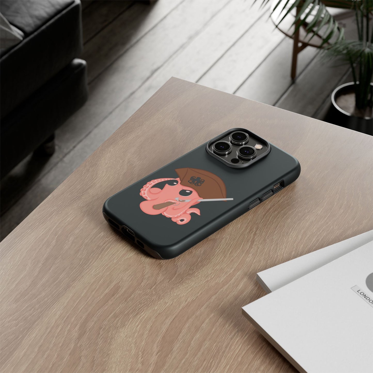 Phone case featuring a cartoon pirate themed original mascot design by the Octopus Revolution.
