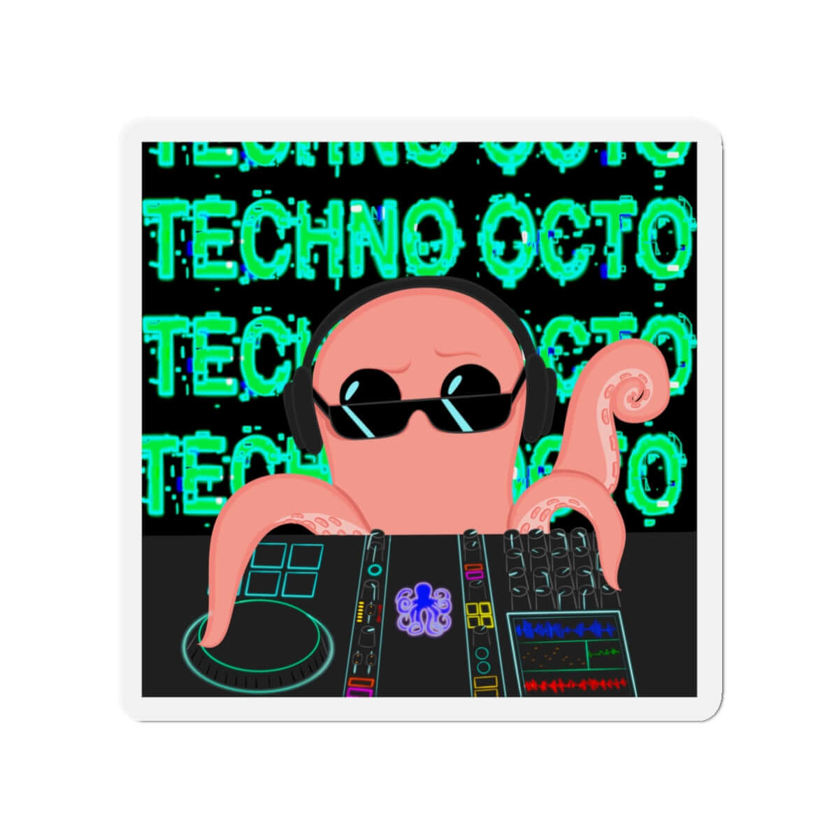 Techno Octo die-cut magnet featuring a cool octopus DJ celebrating the Octopus Revolution.