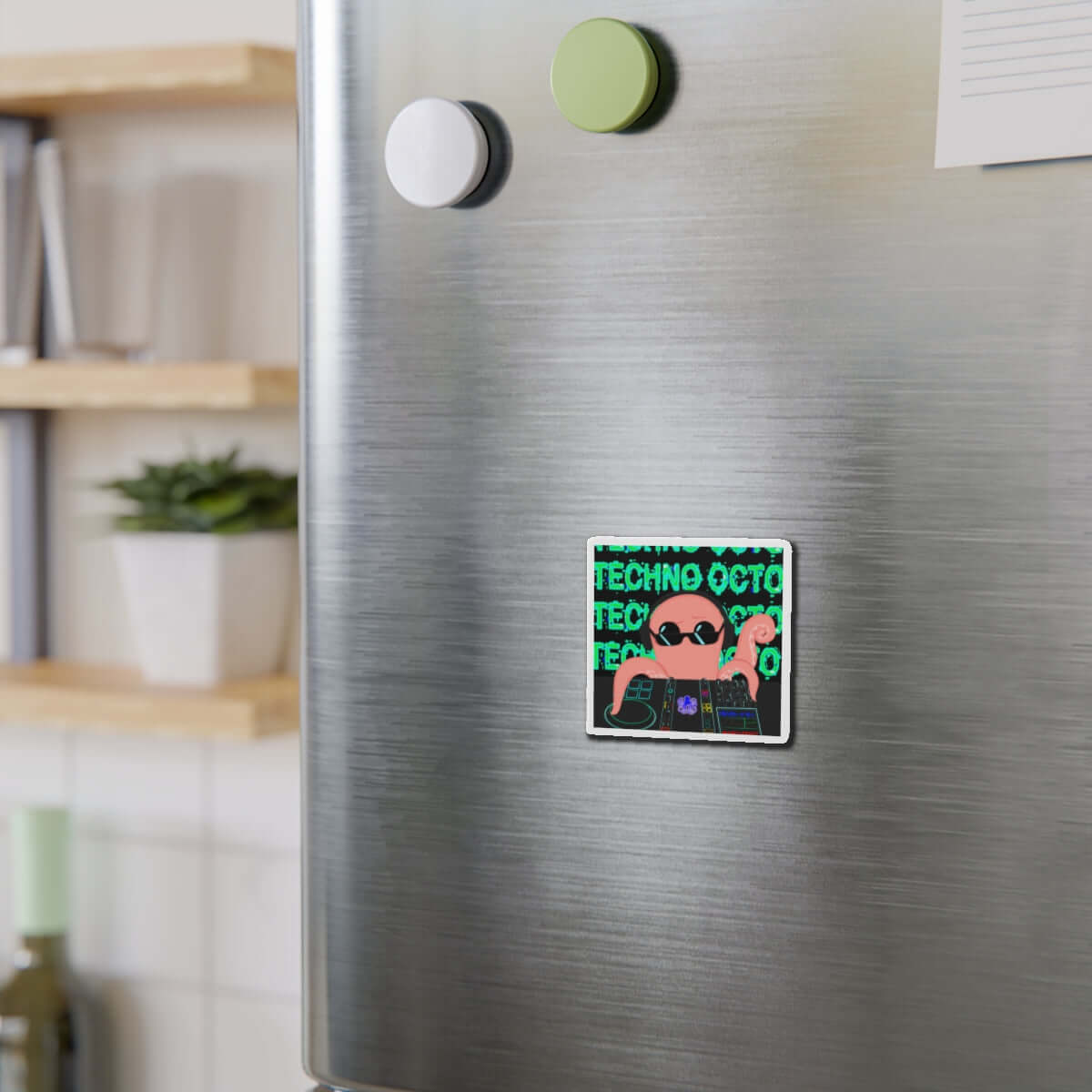 Techno Octo die-cut magnet showcasing an octopus design on a refrigerator, part of the Octopus Revolution.