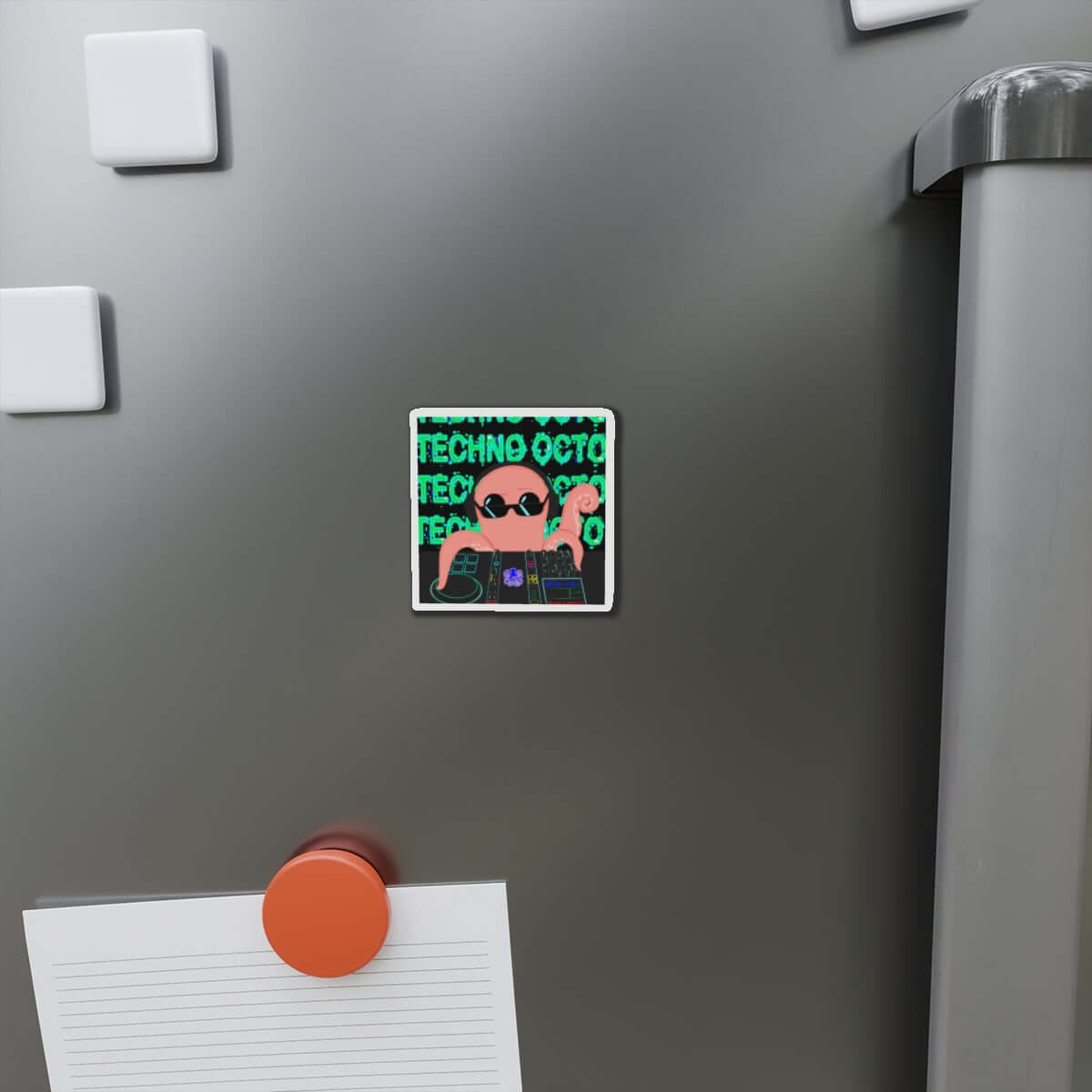 Die-cut Techno Octo magnet on a fridge, showcasing the Octopus Revolution design.