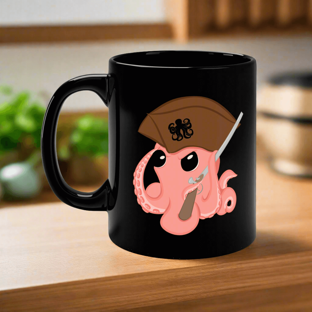 Black ceramic mug featuring an original octopus mascot design with a pirate hat, perfect for revolution enthusiasts.