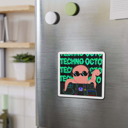 Techno Octo die-cut magnet on fridge, featuring an octopus with sunglasses and music graphics, promoting Octopus Revolution.