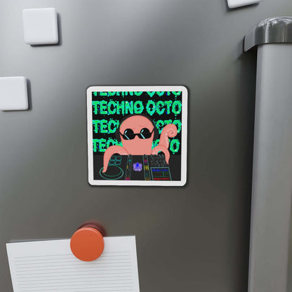 Techno Octo die-cut magnet featuring a cool octopus design, perfect for the Octopus Revolution on your fridge.