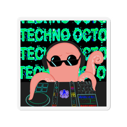 Techno Octo die-cut magnet showcasing a cool octopus DJ, symbolizing the Octopus Revolution in vibrant colors.
