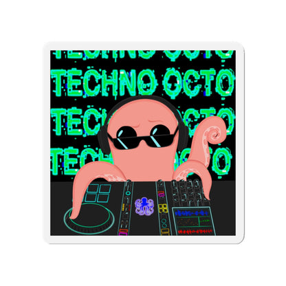 Cool pink octopus DJ wearing sunglasses at a mixer, promoting the Octopus Revolution with Techno Octo design.