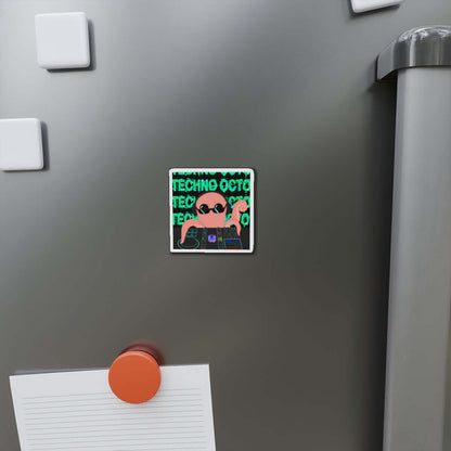 Die-cut Techno Octo magnet on a fridge, showcasing the Octopus Revolution design.
