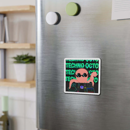 Colorful Techno Octo die-cut magnet on a fridge, promoting the Octopus Revolution theme.