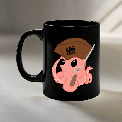 Octopus Revolution mug in black featuring a cartoon octopus mascot with a pirate hat and a sword design.